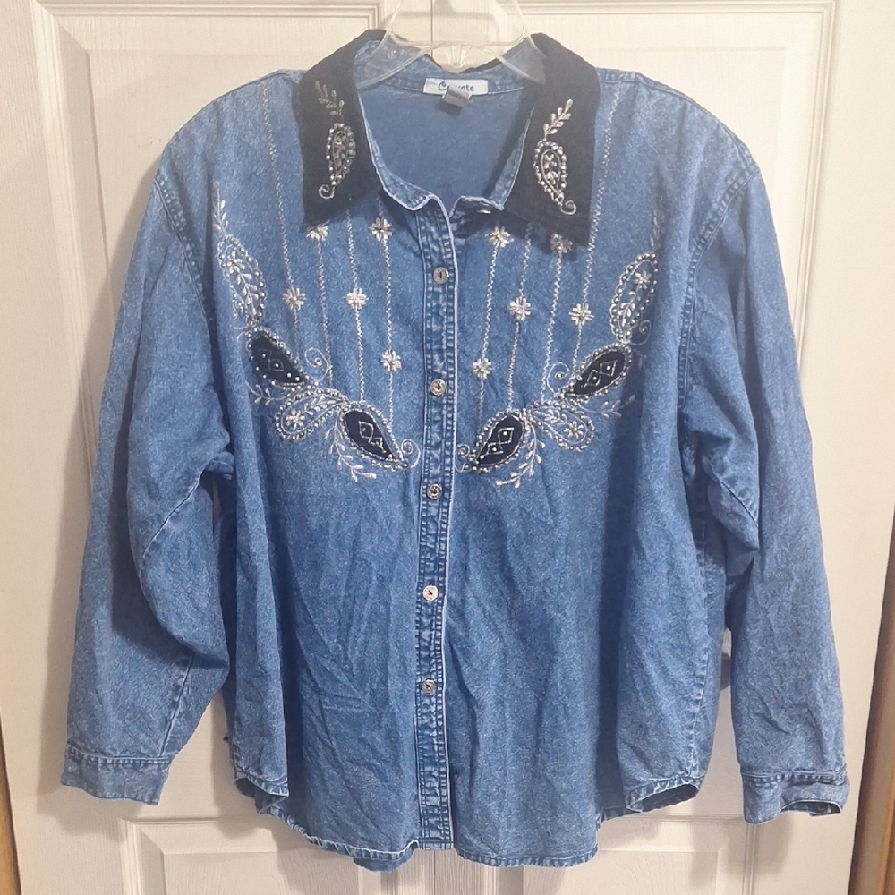 Vintage Coqueta Embroidered Beaded Denim Shirt-2X